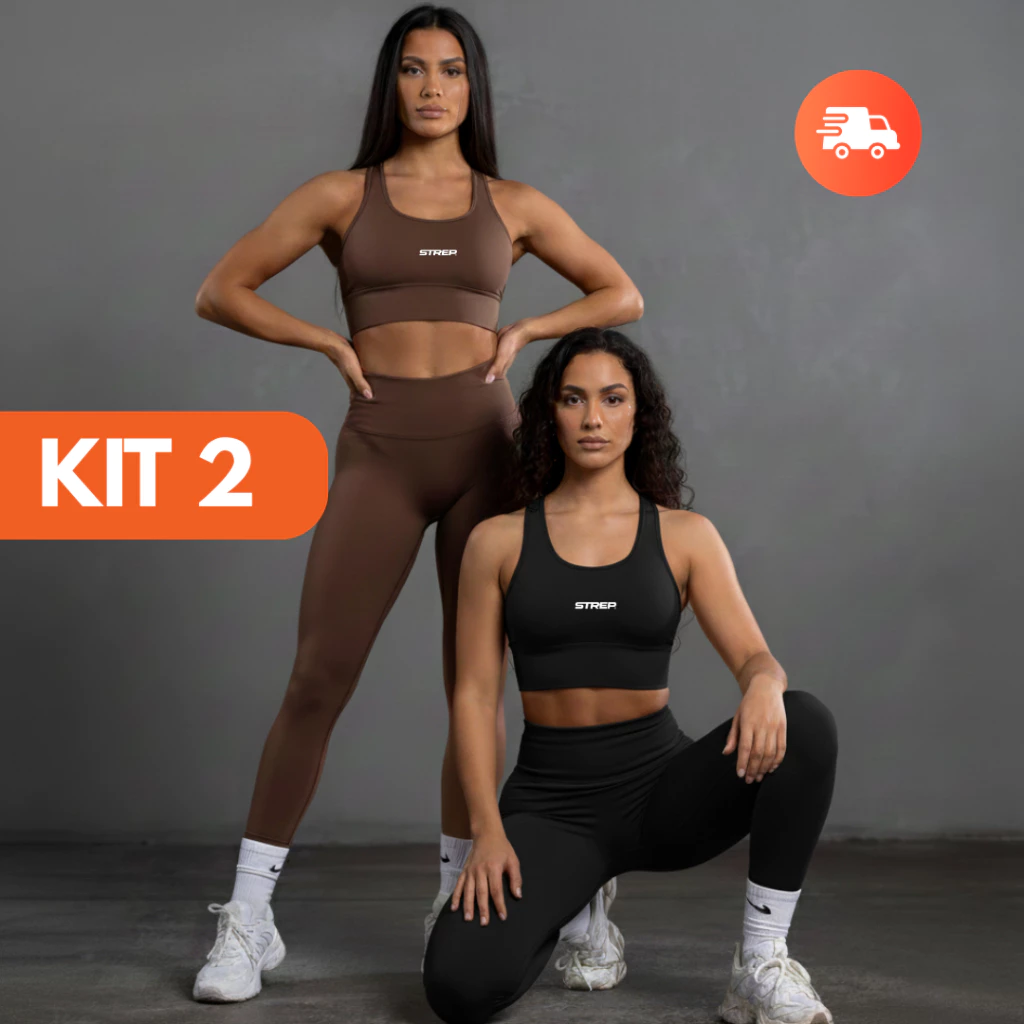 Kit 2 Conjuntos Fitness Feminino Strep Top + Calça Legging Cintura Alta Suplex Academia & Treino
